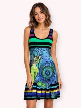 Desigual Cat Graphic Knit Tank Dress Colorful Boho Art Size Medium